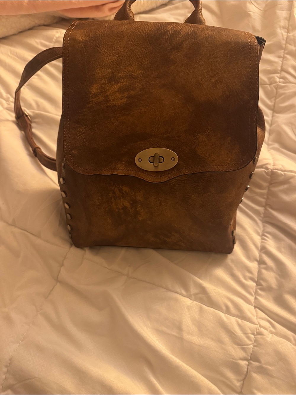 Women's  Brown Leather Backpack with Turn-Lock Closure